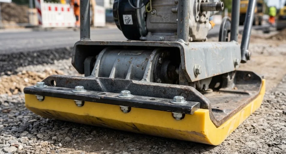 Polyurethane paving pad attached to a plate compactor to prevent paver damage