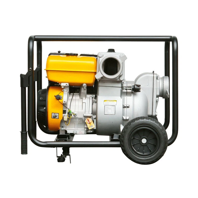 Portable gasoline high pressure water pump with wheeled steel frame and yellow engine