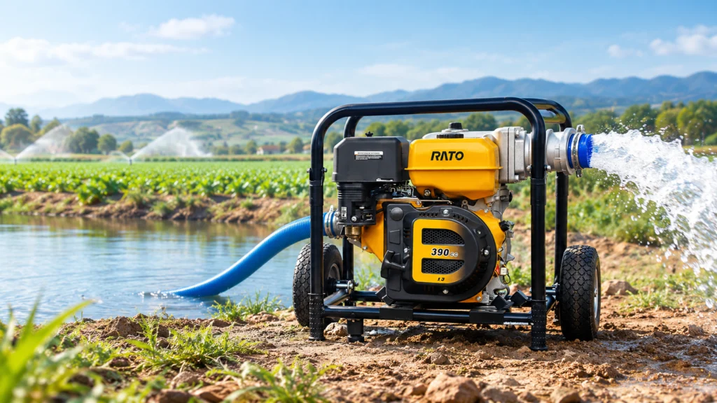 Portable gasoline high pressure water pump with wheeled steel frame and yellow engine