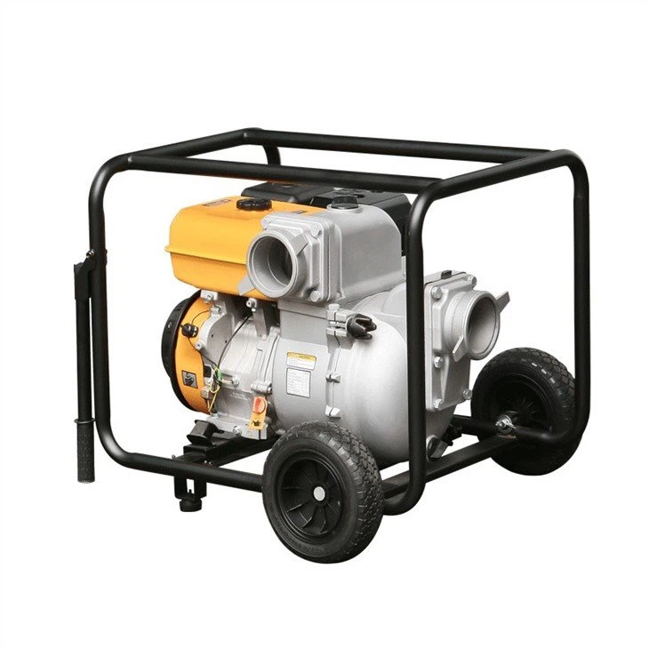 Portable gasoline high pressure water pump with wheeled steel frame and yellow engine