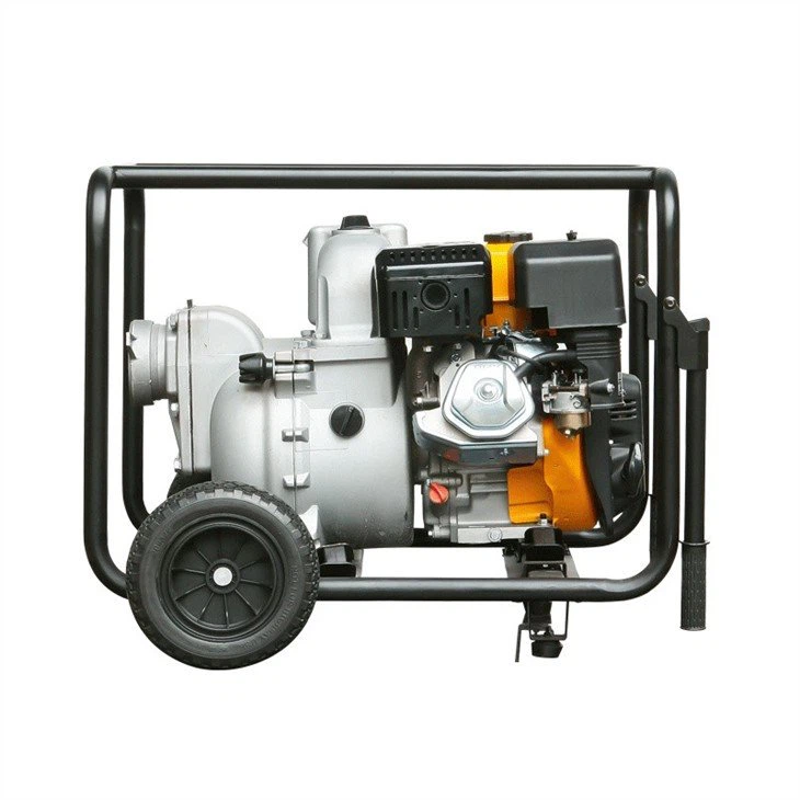 Portable gasoline high pressure water pump with wheeled steel frame and yellow engine