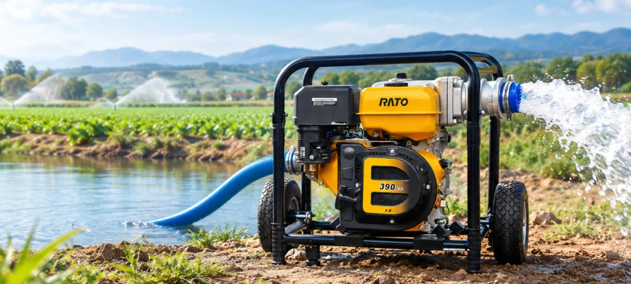 Portable gasoline high pressure water pump with wheeled steel frame and yellow engine