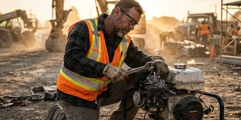 Professional contractor diagnosing a small engine no-start issue
