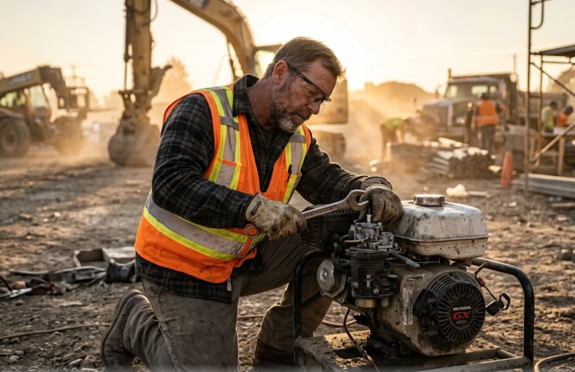 Professional contractor diagnosing a small engine no-start issue