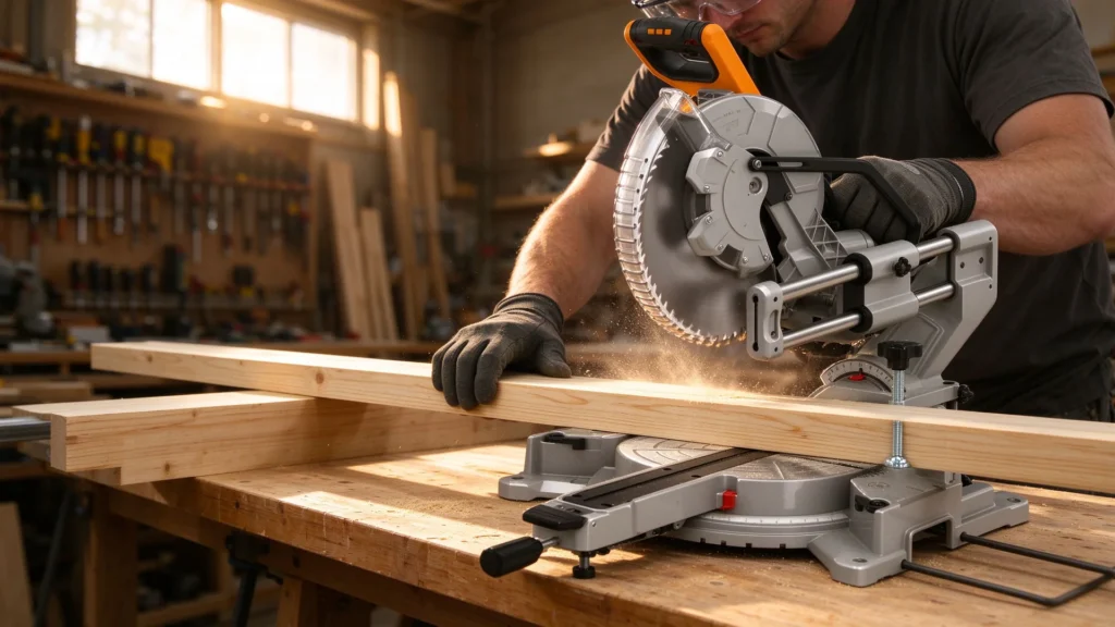 Carpenter cutting a pine board with a 12-inch sliding miter saw in a professional woodworking workshop