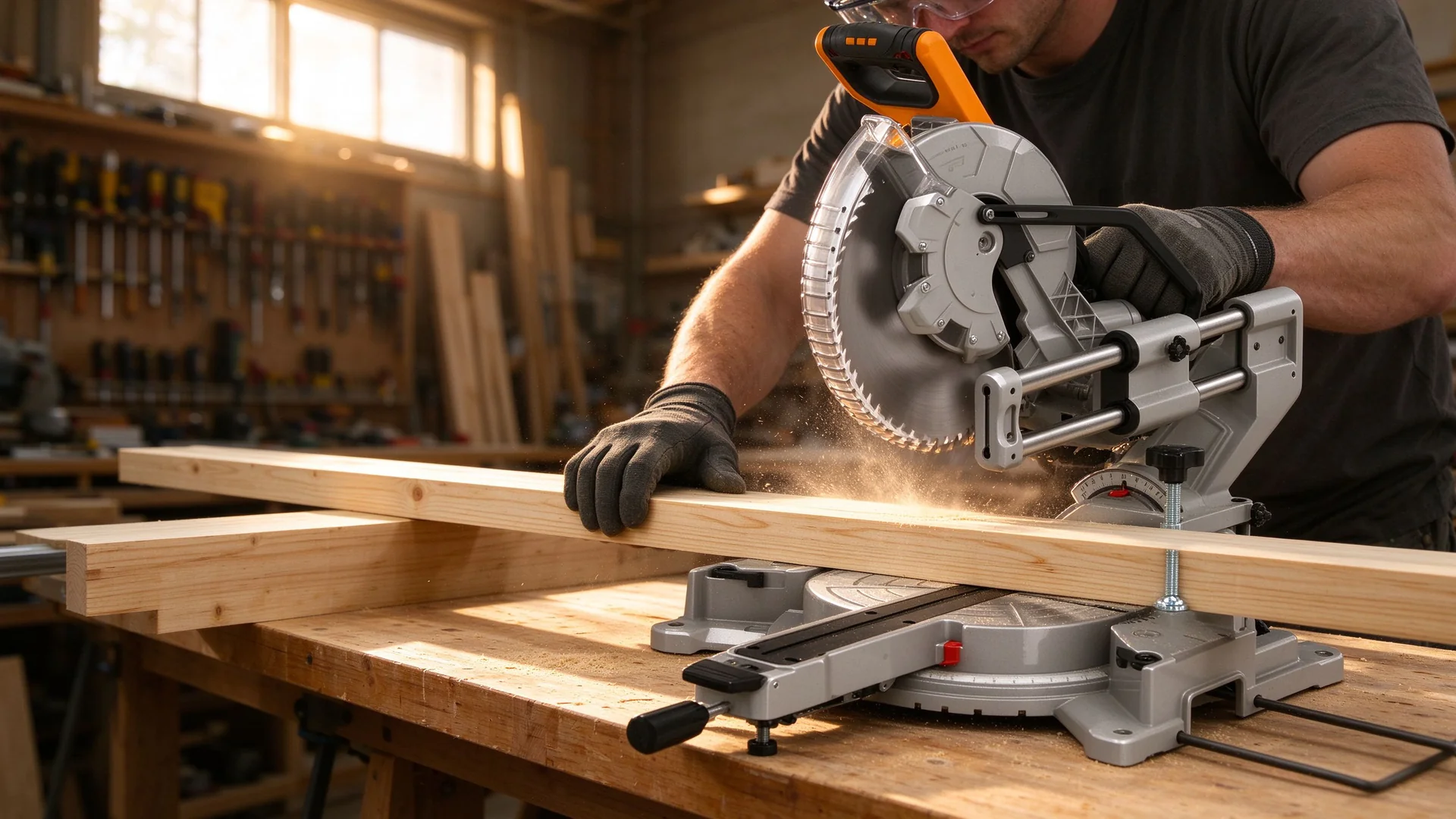 Carpenter cutting a pine board with a 12-inch sliding miter saw in a professional woodworking workshop
