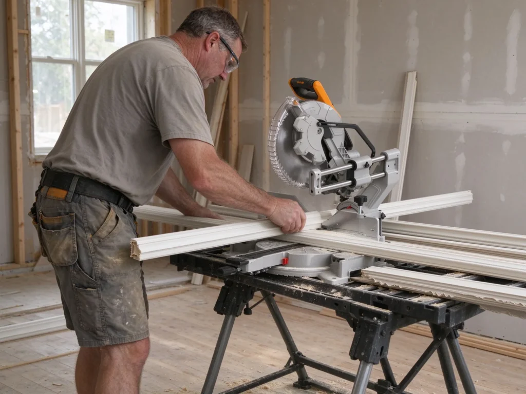 Contractor cutting white baseboard trim with a sliding miter saw on a folding stand at a job site