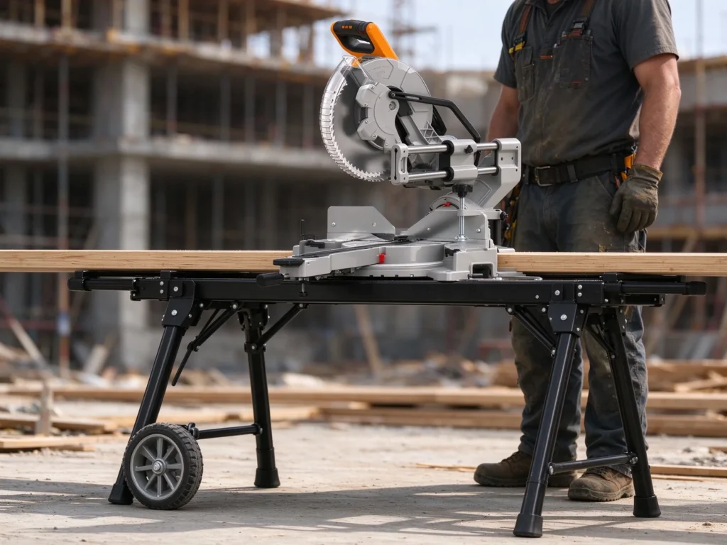 Heavy-duty folding miter saw stand with wheels supporting a 12-inch miter saw and long board