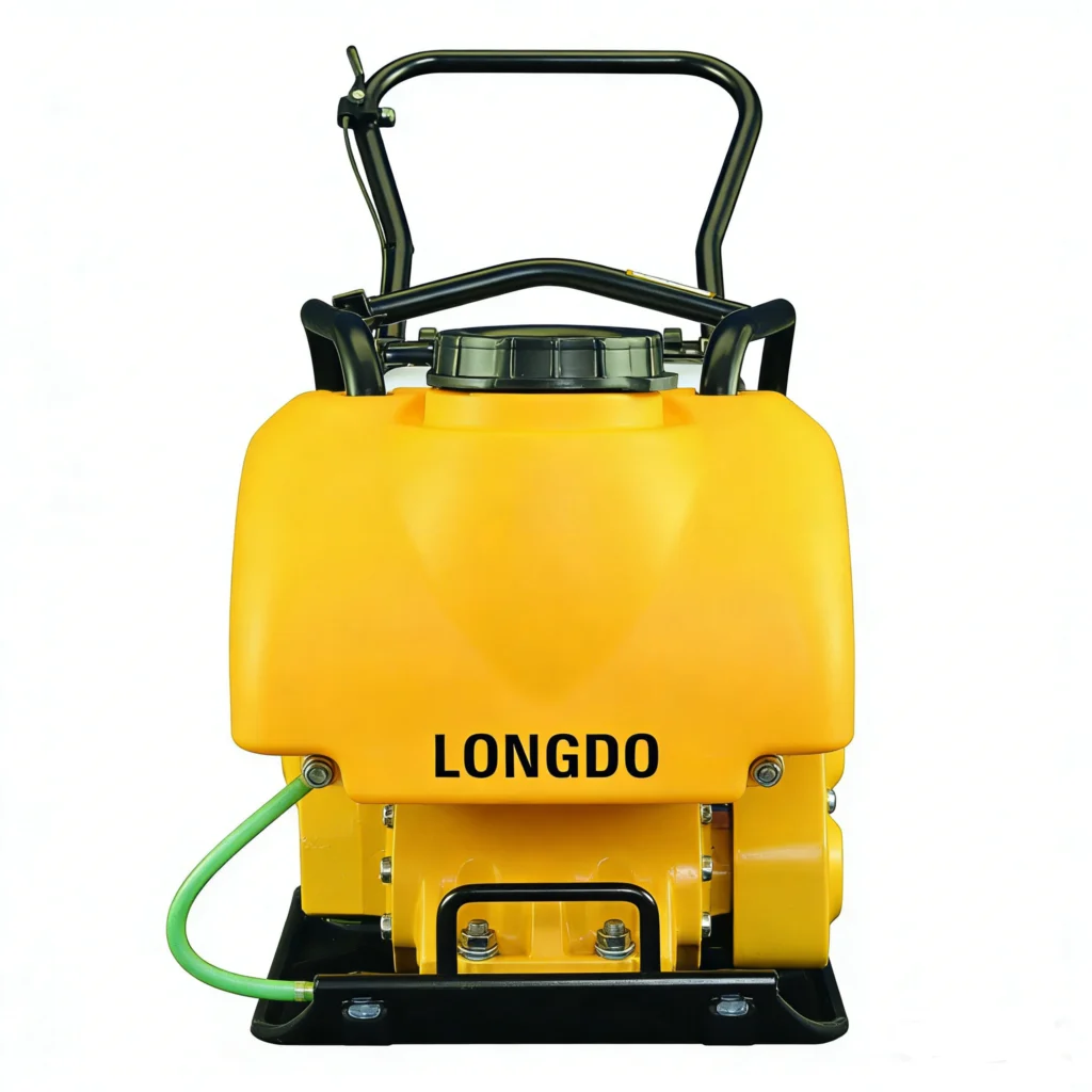 LONDO 12KN Compactor C60T plate compactor, front view, yellow body and black base plate on white background