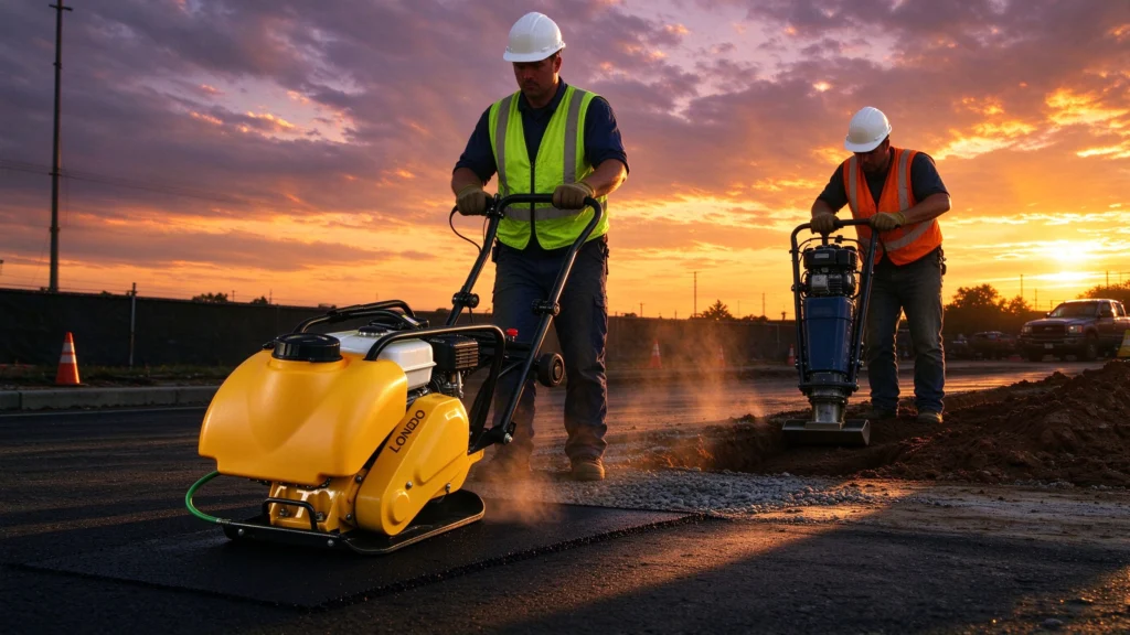 LONDO C60T plate compactor on asphalt alongside a jumping jack rammer at a construction site during sunset