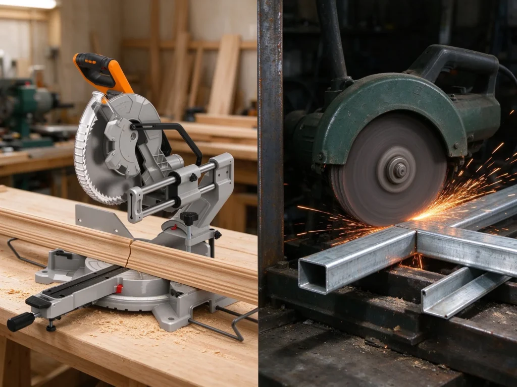 Miter saw cutting angled wood trim beside a chop saw cutting a metal tube with sparks