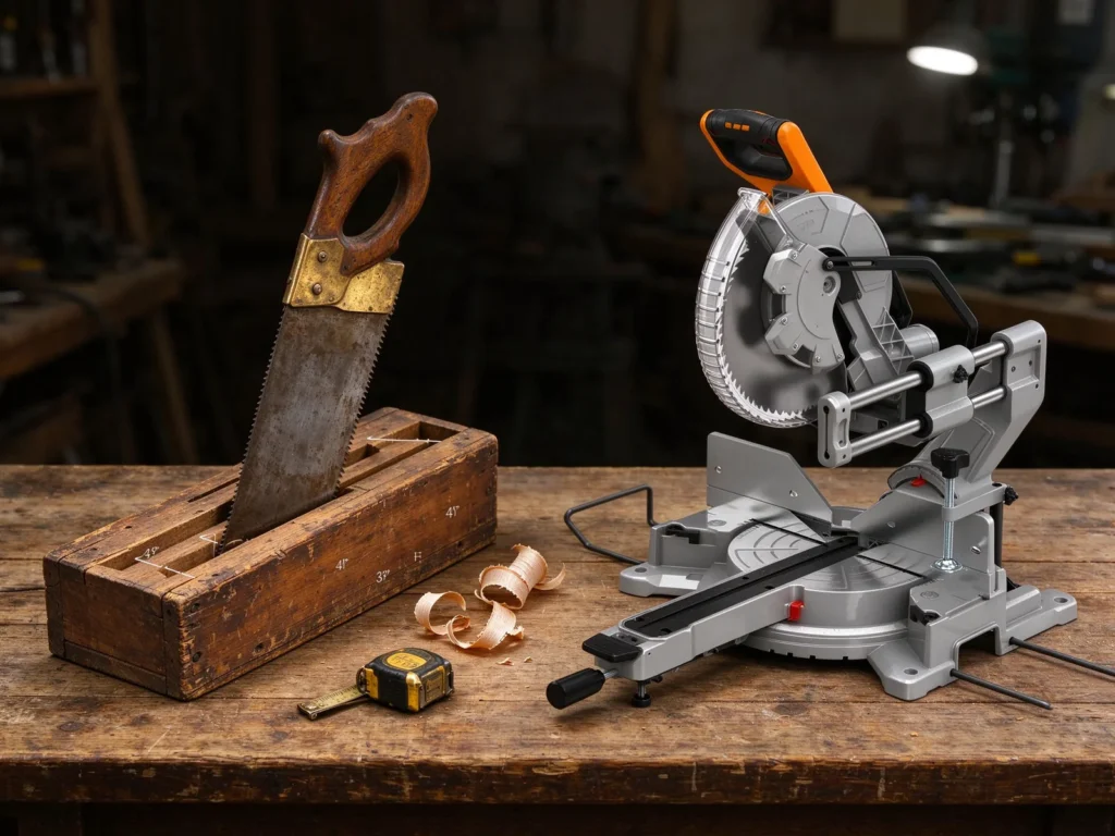 Vintage wooden manual miter box with a hand saw next to a modern electric miter saw